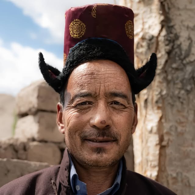 A Ladakhi man of the family in a traditional tsering-ghonda hat